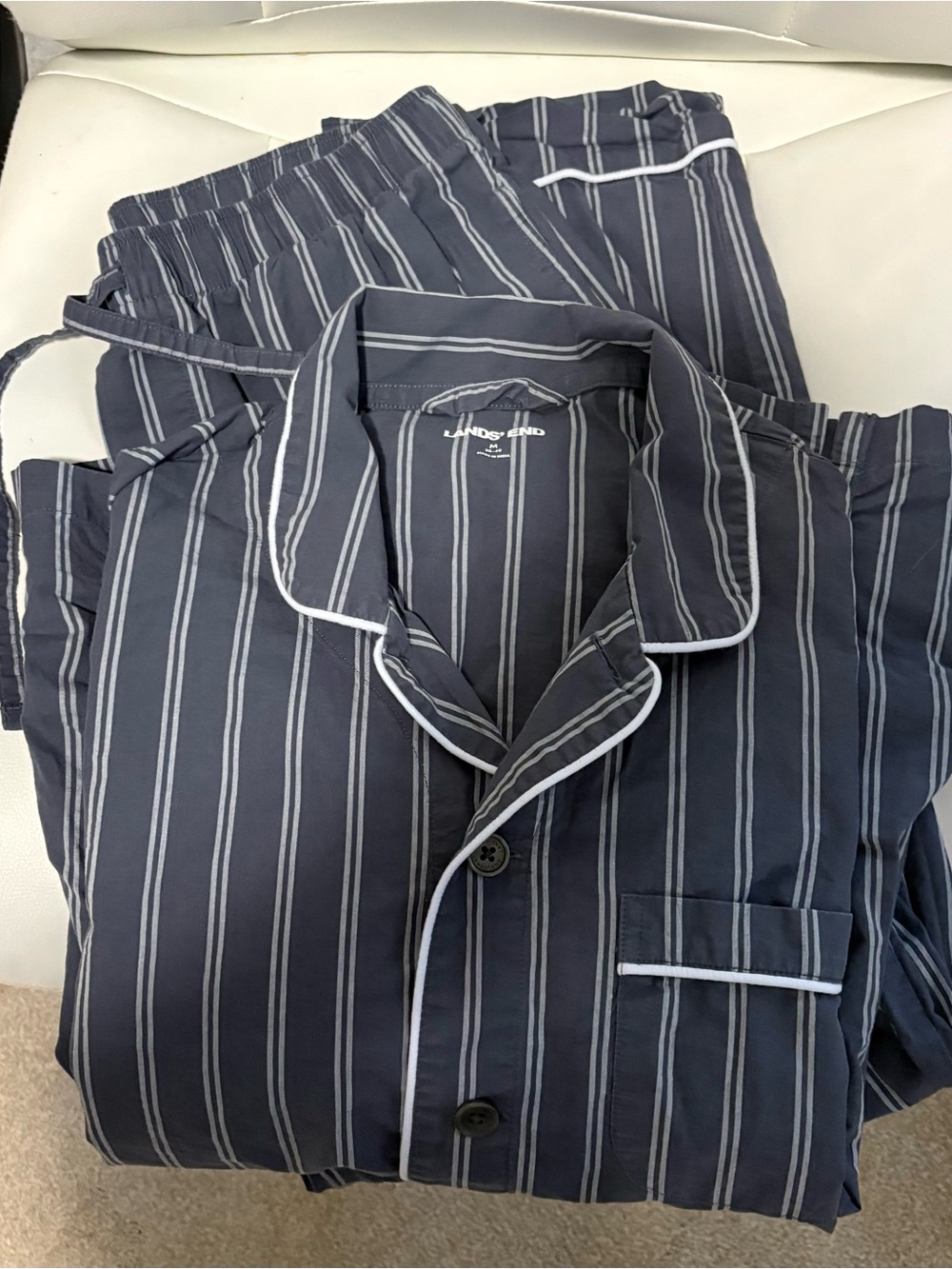 Lands' End Men's Navy and White Striped Shirt